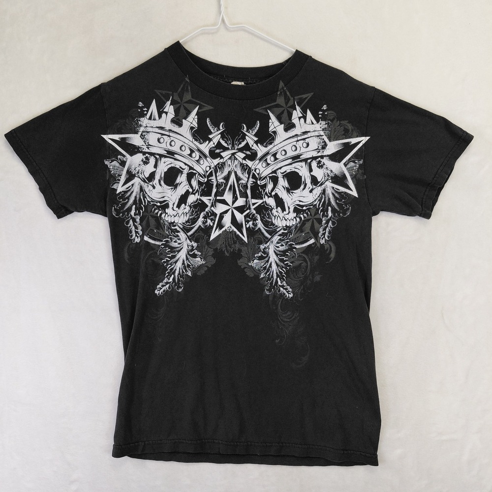 Vintage Y2K Alstyle Skull Crown Star Graphic T-Shirt Mens Small Black Goth Tee